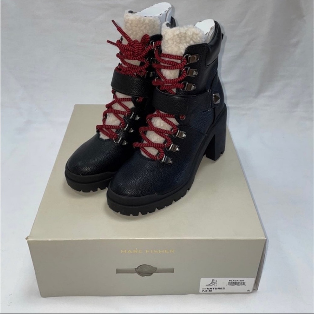 NIB Marc Fisher Black Heeled Boots with Red Laces